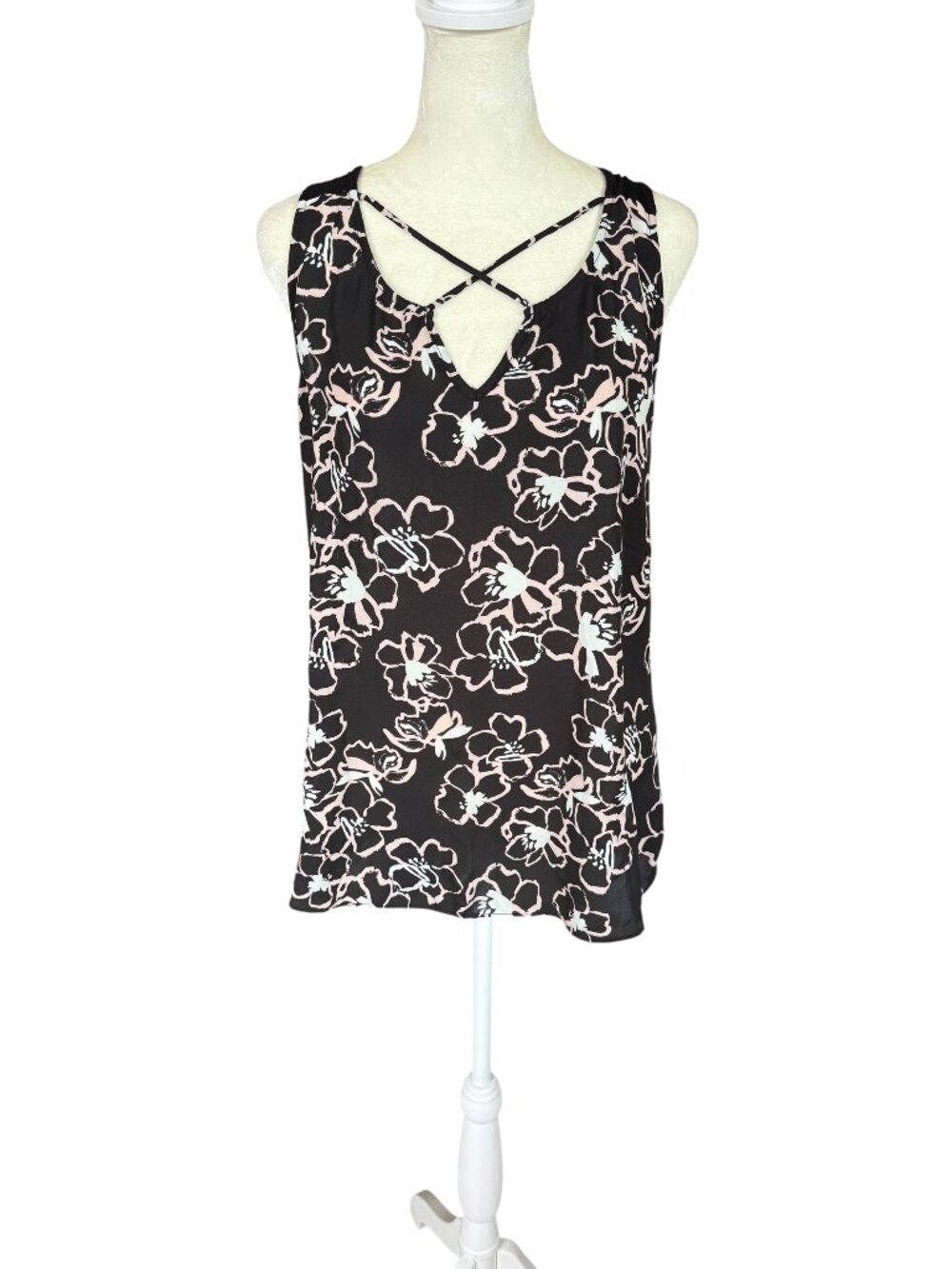 Fortune & Ivy women's sleeveless tank top blouse black and pink floral Large